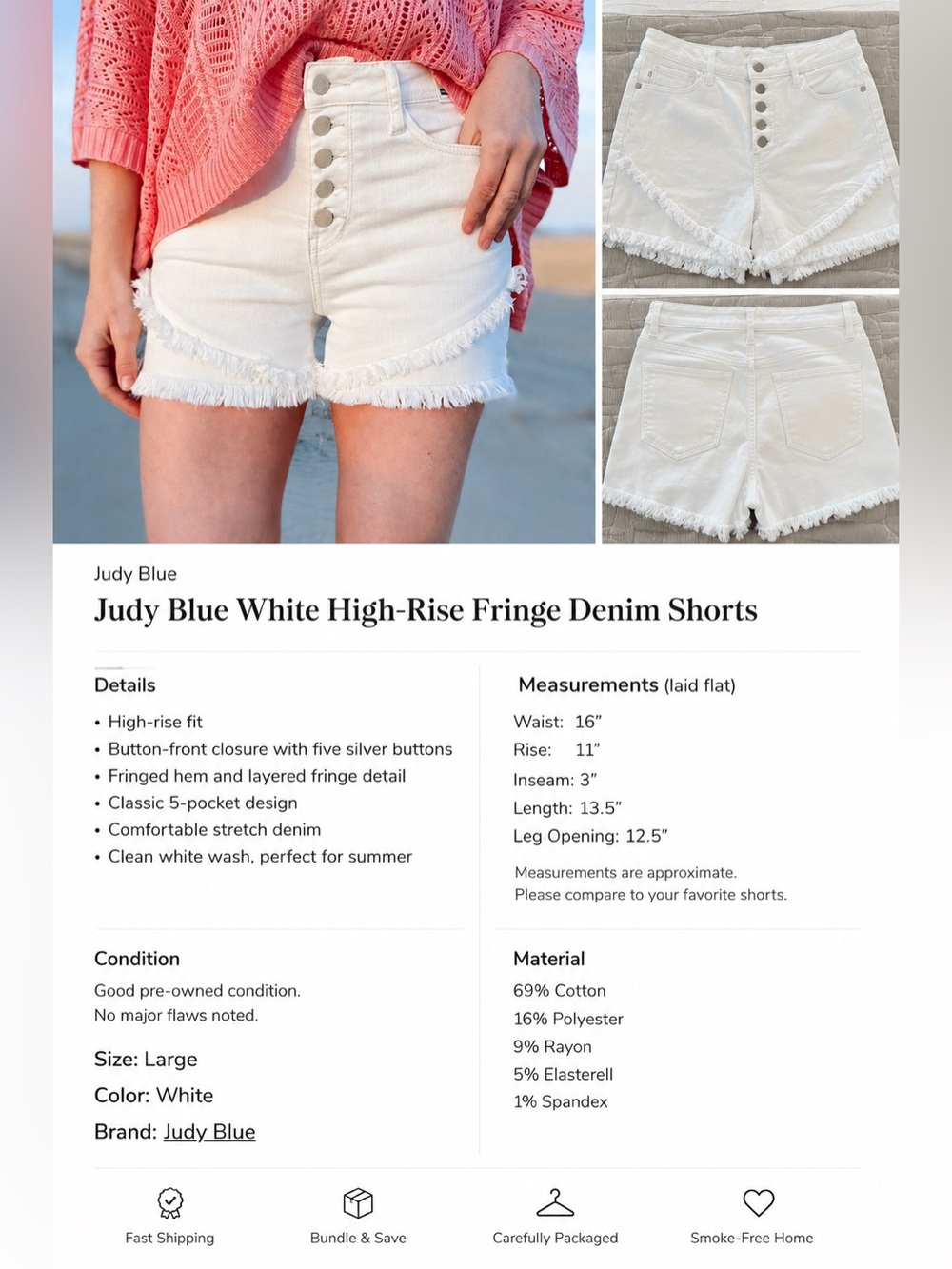 Judy Blue White High-Rise Fringe Denim Shorts Size Large Button Fly
